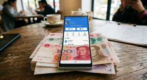 Móvil con AliPay encima de varios billetes de yuanes