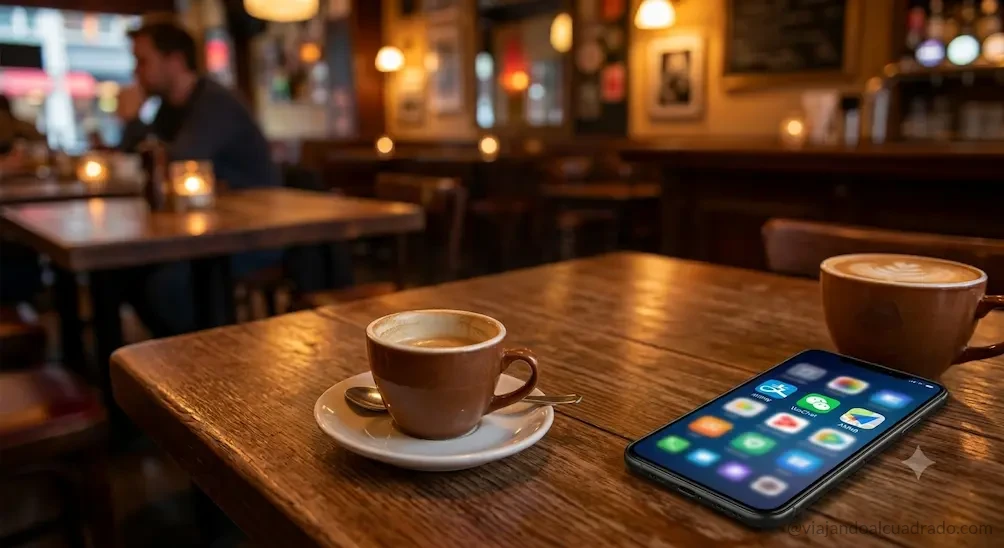 Móvil con aplicaciones chinas en una cafetería - Viajando al Cuadrado